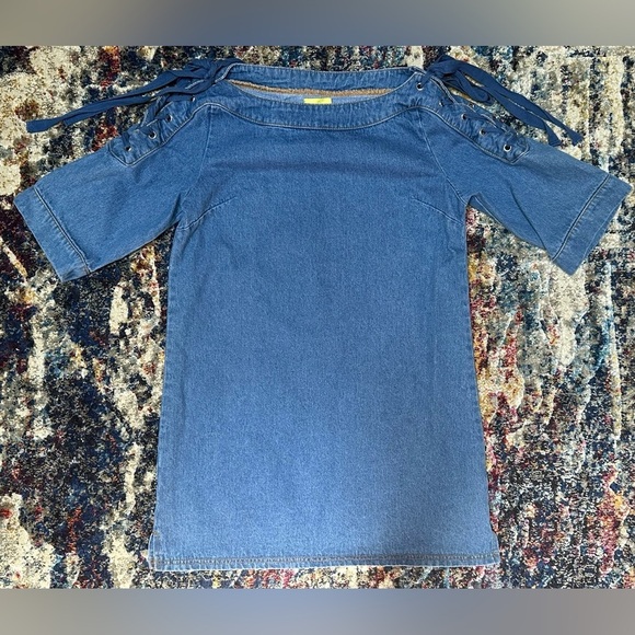 NEW Anthropologie Maeve Denim Mini Shift Dress w/ Lace Up Shoulders Women’s S - Picture 4 of 10
